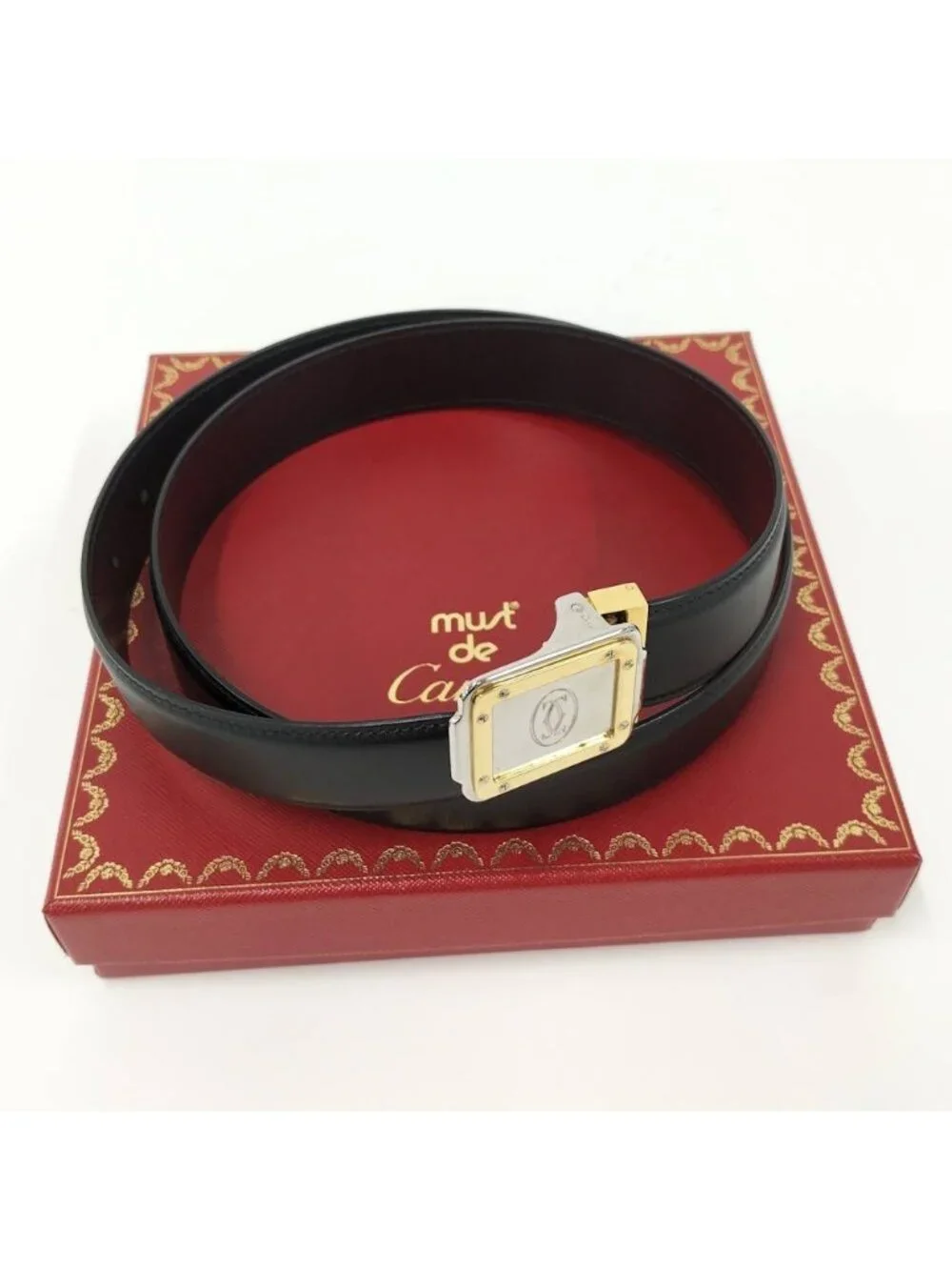 Cartier Belt Santos Leather Black Gold Silver